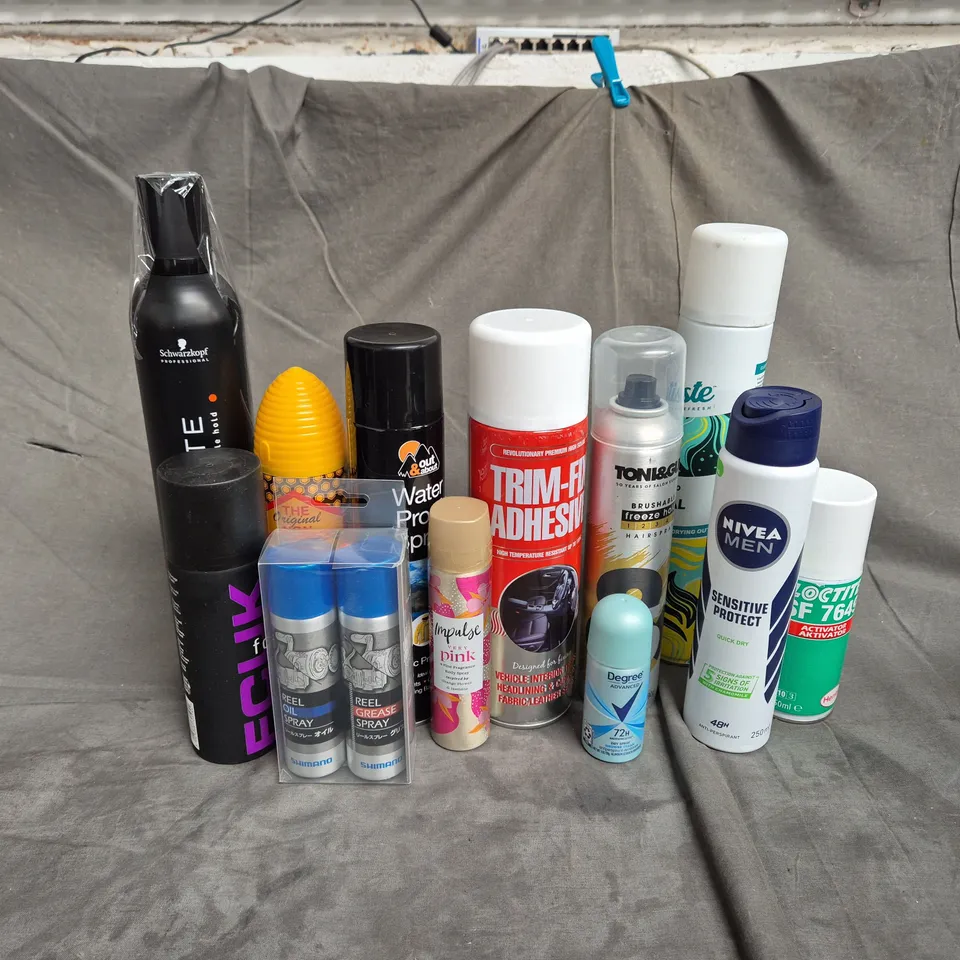 APPROXIMATELY 12 ASSORTED AEROSOLS TO INCLUDE - SHIMANO REEL MAINTENANCE SET - TRIM-FIX ADHESIVE - WOOD SILK FURNITURE POLISH - ETC - COLLECTION ONLY