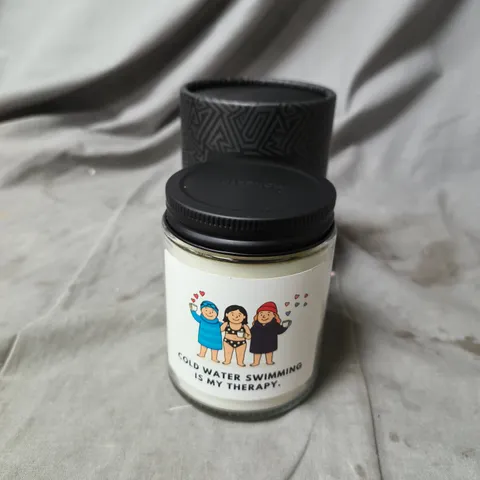 MAKESTER LUXURY HAND POURED CANDLE WITH NOVELTY LABEL 'COLD WATER SWIMMING IS MY THERAPY'