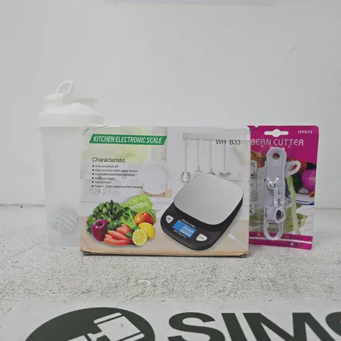 APPROXIMATELY 8 ASSORTED HOUSEHOLD ITEMS TO INCLUDE KITCHEN ELECTRONIC SCALE, ETC
