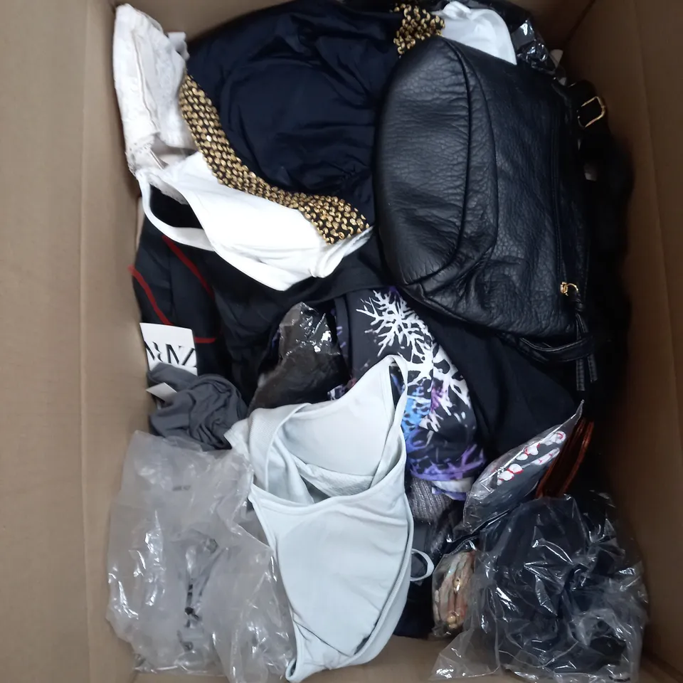 BOX OF APPROXIMATELY 22 ASSORTED CLOTHING ITEMS TO INCLUDE - SOCKS, TROUSERS , DRESSES ETC