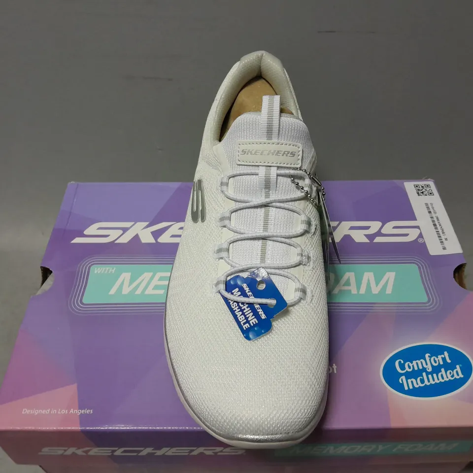 BOXED PAIR OF SKECHERS SUMNMITS SLIP ONS IN WHITE - UK 5