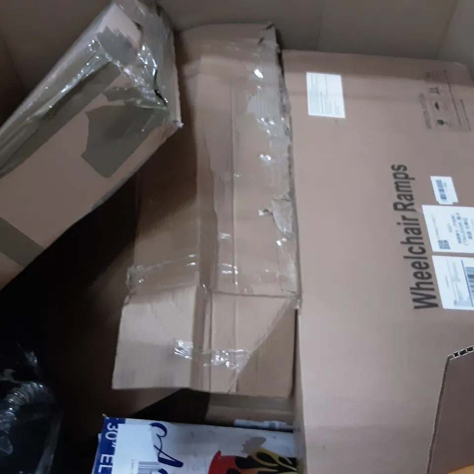 PALLET OF ASSORTED PRODUCTS INCLUDING ARONT CHAIR, 4 PANEL PET GATE, SPLINKTECH TV WALL BRACKET, 30" ELECTRIC GUITAR, WHEELCHAIR RAMPS, CAR LITTER BOX 