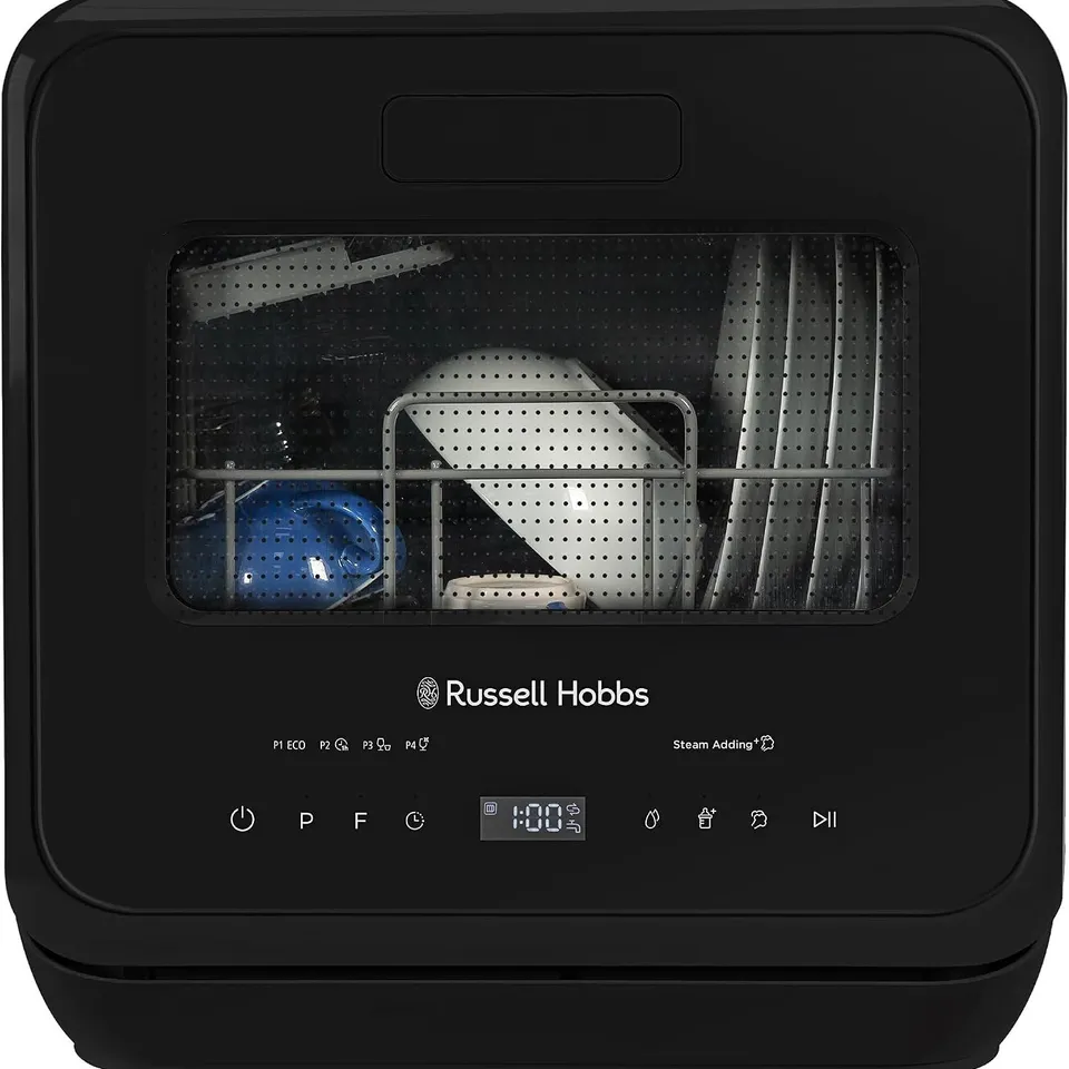 BOXED RUSSELL HOBBS MINI DISHWASHER COMPACT TABLE TOP IN BLACK 2 PLACE SETTING DISHWASHER, LED TOUCH CONTROL, 4 PROGRAMMES, PORTABLE & EFFICIENT, BABY CARE, FRUIT WASH & ECO MODE, NO PLUMBING, RH2TTDW
