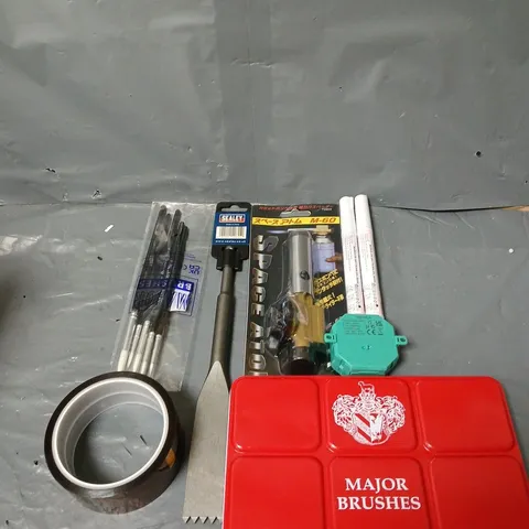 BOX OF ASSORTED HOUSEHOLD ITEMS TO INCLUDE PAINTS, BRUSHES AND SEALEY