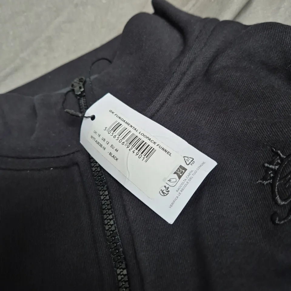 BLACK ZIP-UP HOODIE – UNISEX UK 16 (US 12, EU 44) WITH CHEST EMBROIDERY