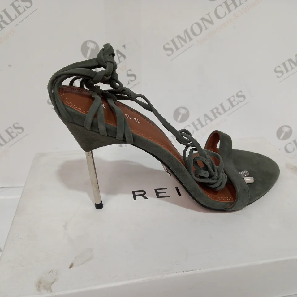 BOXED PAIR OF REISS ZHANE STRAPPY SUEDE HEELS IN GREEN SIZE 6