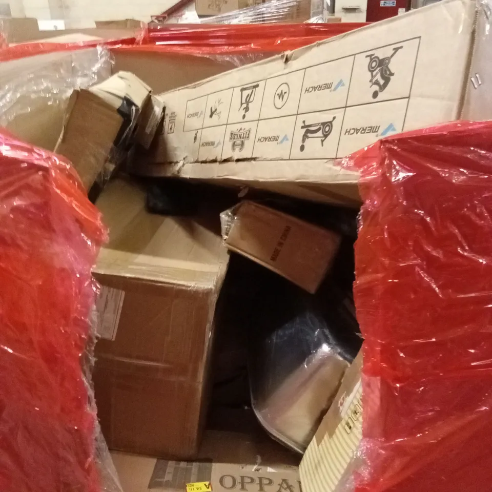 PALLET OF ASSORTED HOUSEHOLD GOODS AND PRODUCTS TO INCLUDE; SPORTS EQUIPMENT, FABRIC STORAGE WARDROBE, BOXED FURNITURE ETC