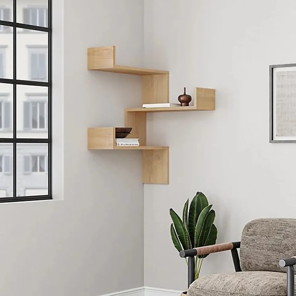 BOXED LUKSA CORNER WALL MOUNTED MODERN BOOKCASE DISPLAY UNIT MEDIUM W 60CM -OAK-
