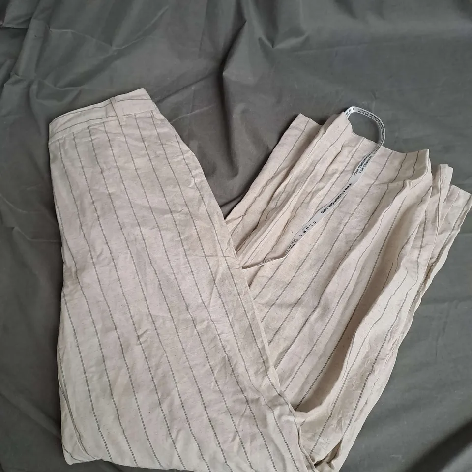 CLUB LONDON MISSED OUT PINSTRIPE WIDE LEG TROUSERS IN BEIGE SIZE 12