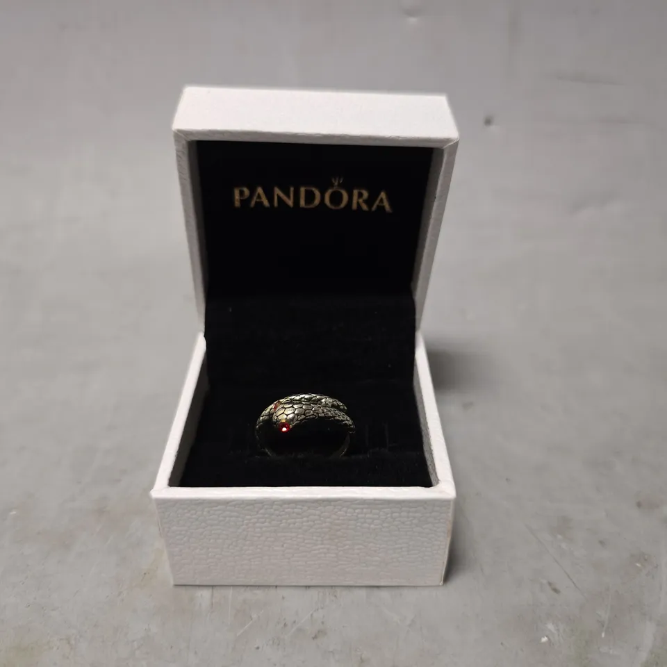 BOXED PANDORA SANKE WITH RED EYES RING - SIZE UNSPECIFIED 