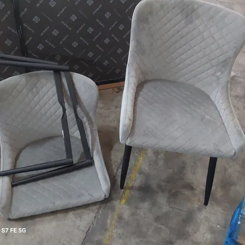 PAIR DESIGNER UPHOLSTERED DINING CHAIRS GREY FABRIC ON BLACK METAL FRAME