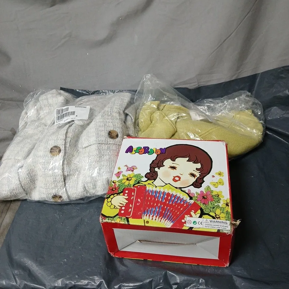 BOX OF APPROXIMATELY 12 ASSORTED HOUSEHOLD ITEMS TO INCLUDE NINA LEONARD JACKET, WYNNE LAYERS TOP, CHILDRENS ACCORDION TOY ETC