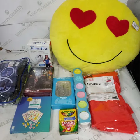 LARGE BOX OF ASSORTED TOYS AND GAMES TO INCLUDE TEDDIES, FANCY DRESS AND CRAYOLA