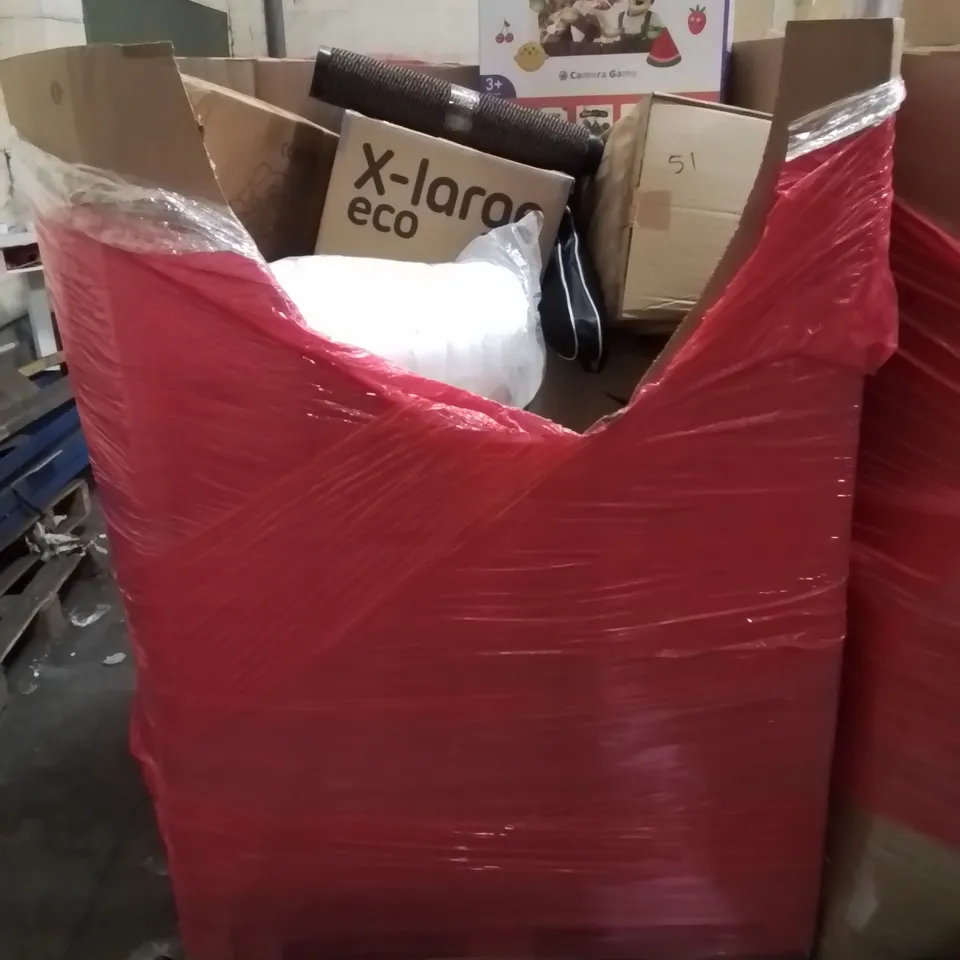 PALLET CONTAINING VARIOUS ASSORTED BOXED HOUSEHOLD ITEMS TO INCLUDE: MATTRESS TOPPER, DANCE MAT, DOOR MAT AND LOTS MORE UNMARKED BOXED ITEMS 