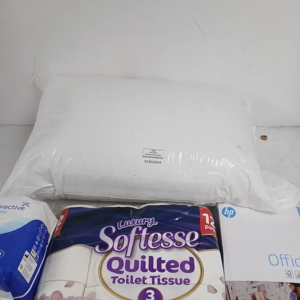 BOX OF APPROXIMATELY 6 ASSORTED ITEMS INCLUDING A PILLOW, SOME HP OFFICE PAPER AND 12 ROLLS OF TOILET TISSUES