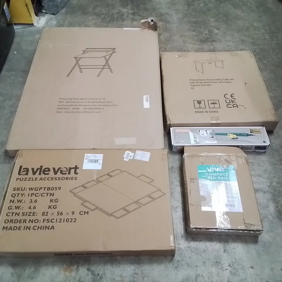 PALLET CONTAINING ASSORTED ITEMS TO INCLUDE: DESK, FOLDING PICNIC TABLE, SLIMLINE SHED HEATER, COMPACT BED RAIL, PUZZLE ACCESSORIES ECT