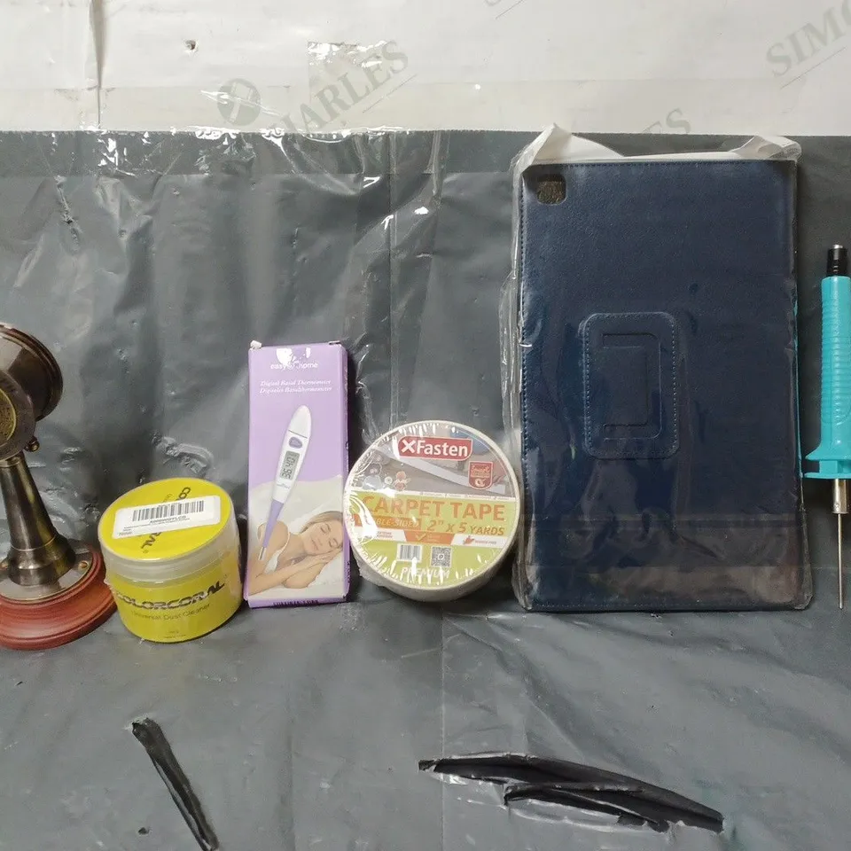 BOX OF APPROXIMATELY 15 ASSORTED ITEMS TO INCLUDE -  XFASTEN CARPET TAPE ,EASY HOME BASAL THERMOMETER , COLORCORAL UNIVERSAL DUST CLEANER ETC