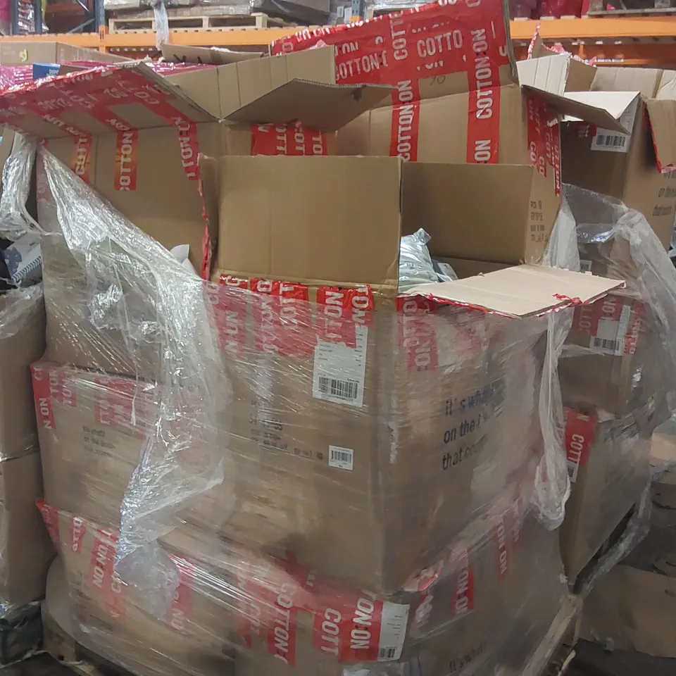PALLET CONTAINING A LARGE QUANTITY OF BRAND NEW PRODUCTS INCLUDING: ASSORTED CLOTHING, OVERSIZED TOTES, JUMPERS, TROUSERS, SOCKS ECT