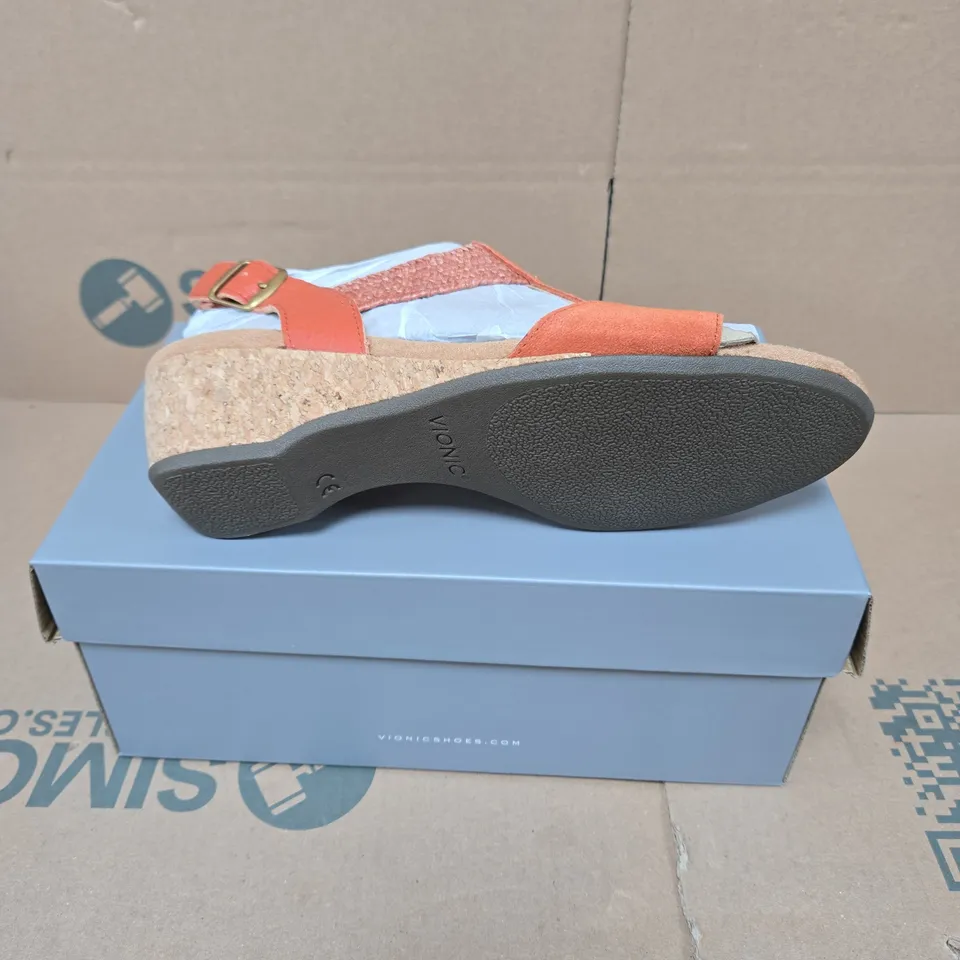 VIONIC WOMEN'S ORANGE SUEDE SANDALS WITH CORK WEDGE – BOXED UK 6.5