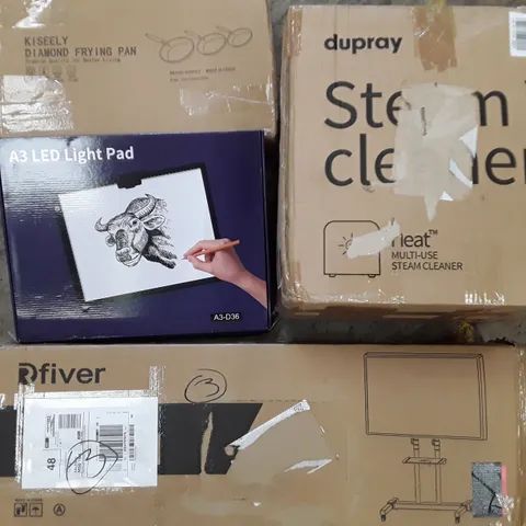 PALLET TO CONTAIN AN ASSORTMENT OF HOUSEHOLD ITEMS TO INCLUDE STEAM CLEANER, TV STAND, DIAMOND FRYING PAN SET AND LED A3 LIGHT PAD ECT