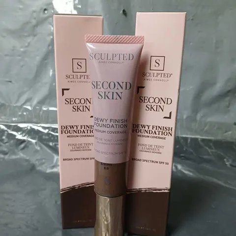 2 BOXED SCULPTED AIMEE CONNOLLY SECOND SKIN DEW FINISH FOUNDATIONS IN TAN EBONY 8.0 (2X32ML)
