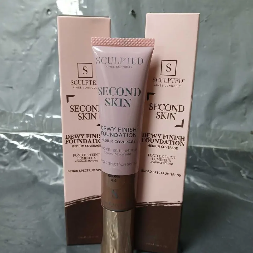 2 BOXED SCULPTED AIMEE CONNOLLY SECOND SKIN DEW FINISH FOUNDATIONS IN TAN EBONY 8.0 (2X32ML)