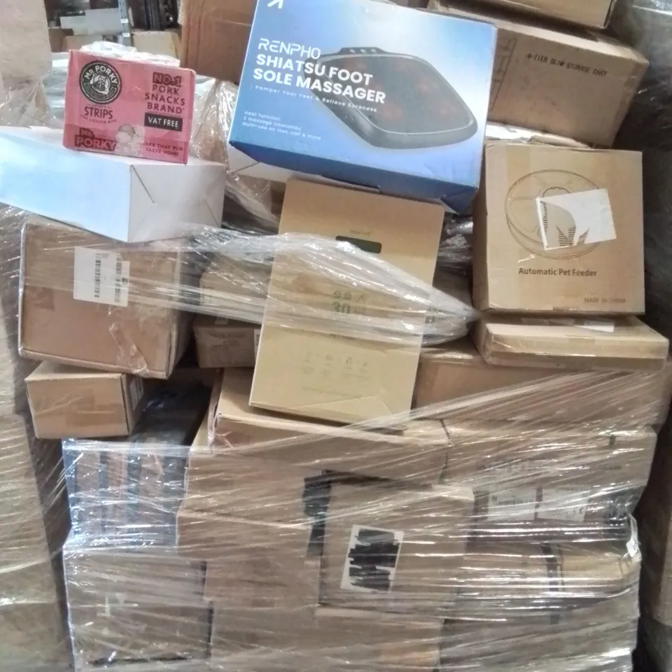 PALLET CONTAINING VARIOUS ASSORTED BOXED ITEMS TO INCLUDE. FOOT SOLE MASSAGER, MULTI TOOL KIT, AUTOMATIC PET FEEDER, COOKWARE SET AND LOTS MORE UNMARKED BOXED ITEMS 