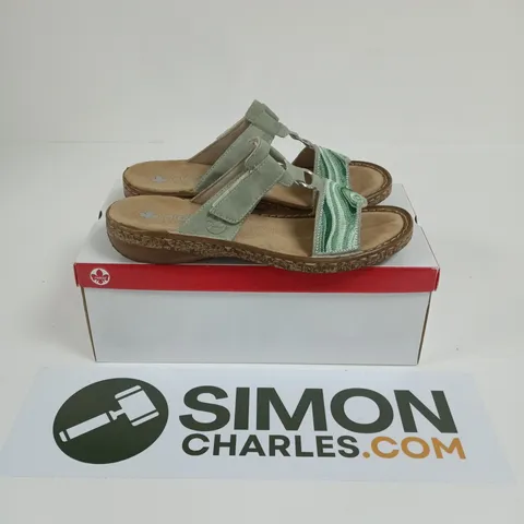 BOXED PAIR OF RIEKER OPEN TOE SANDALS IN GREEN - EU 39