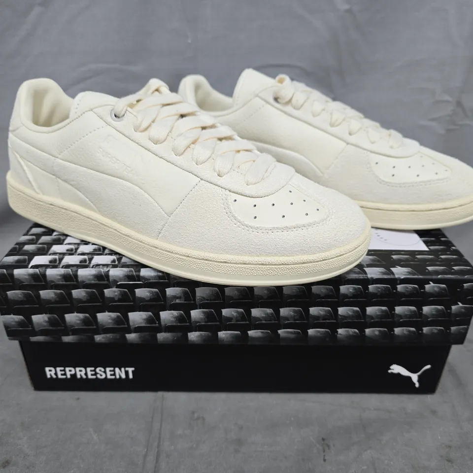 BOXED PAIR OF PUMA SUPER TEAM REPRESENT TRAINERS IN FROSTED IVORY-WARM WHITE SIZE UK 7