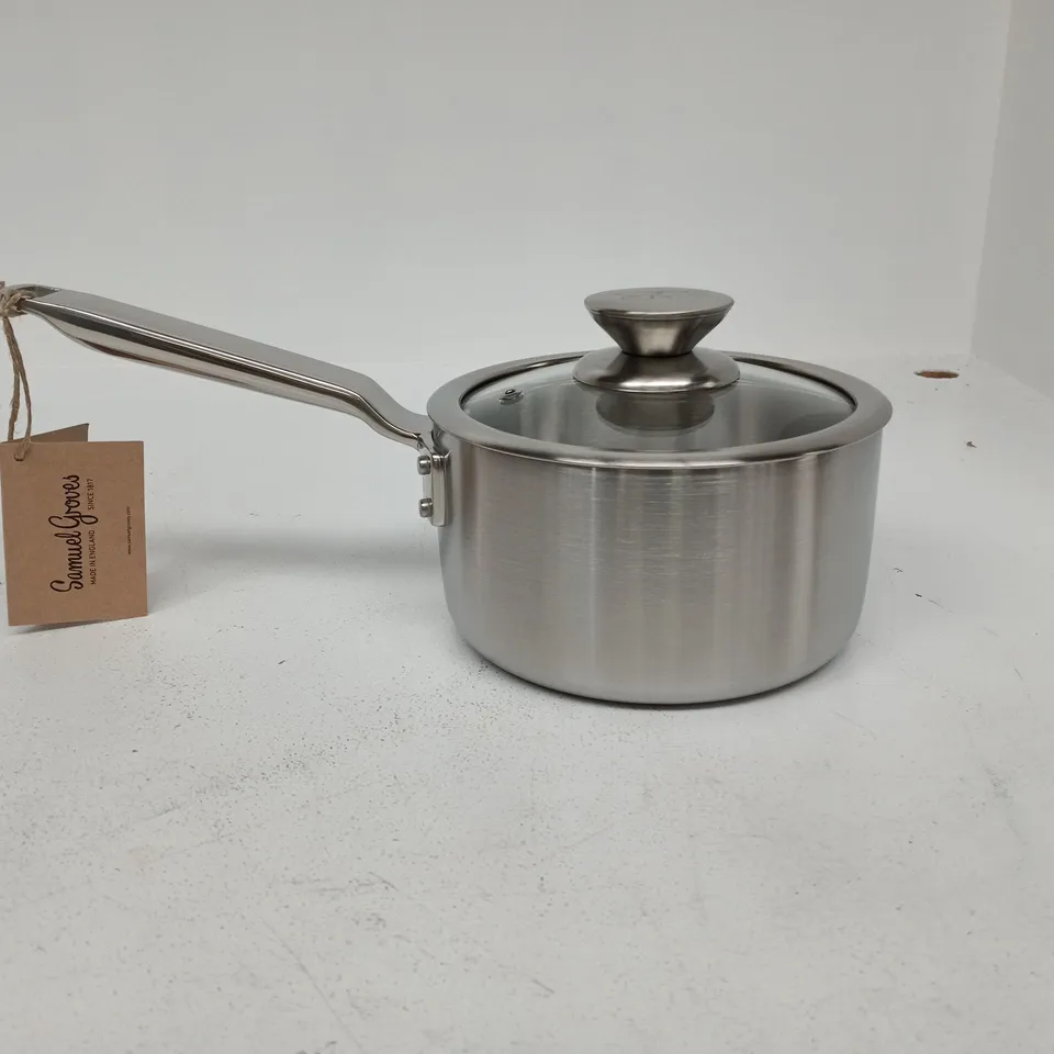 SAMUEL GROVES CELSIUS 16CM STAINLESS STEEL SAUCEPAN AND GLASS LID BOXED