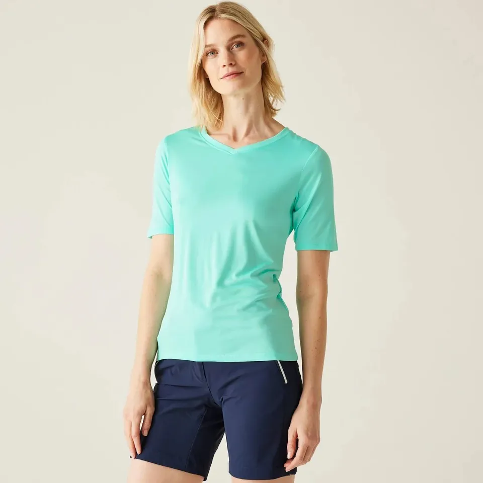 REGATTA WOMEN'S FINGAL V-NECK T-SHIRT BLEACHED AQUA SIZE 8