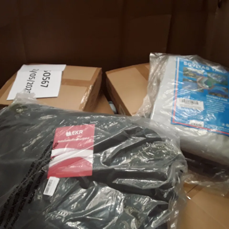 PALLET TO CONTAIN AN ASSORTMENT OF HOUSEHOLD ITEMS TO INCLUDE DOMESTIC SANITARY MACERATOR TOILET WASTE WATER PUMP, CAR SEAT COVERS KIDS BED RAIL AND TOUGH BUILT SAW HOUSE ECT