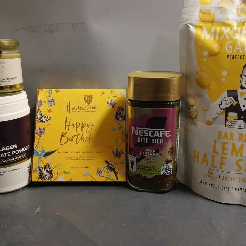 TOTE OF APPROX 6 ASSORTED FOOD ITEMS TO INCLUDE - NESCAFE ALTA RICA BOL & INTENSE COFFEE , BAR READY LEMON SLICES , MALIKS HONEY WILDFLOWER HONEY ETC