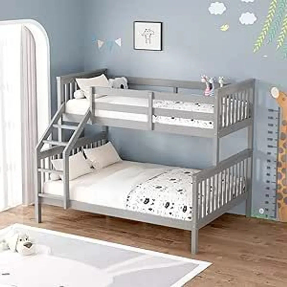 BOXED NOAH GREY WOODEN TRIPLE SLEEPER BUNK BED - SINGLE & DOUBLE (2 BOXES)