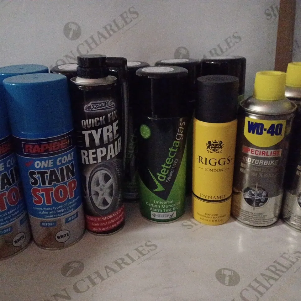 LOT OF HOUSEHOLD ITEMS TO INCLUDE DETECTAGAS , RAPIDE ONE COAT STAIN STOP , ETC
