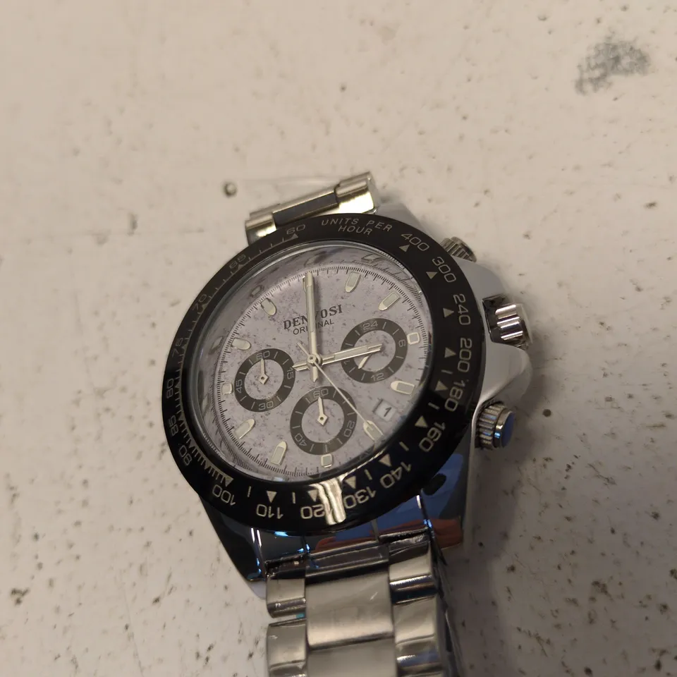 DENVOSI ORIGINAL CHRONOGRAPH STAINLESS STEEL WATCH – SILVER DIAL, BLACK TACHYMETER BEZEL