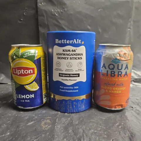 APPROXIMATELY 10 ASSORTED FOOD AND DRINK ITEMS TO INCLUDE HONEY STICKS, LIPTON, AQUA LIBRA, ETC