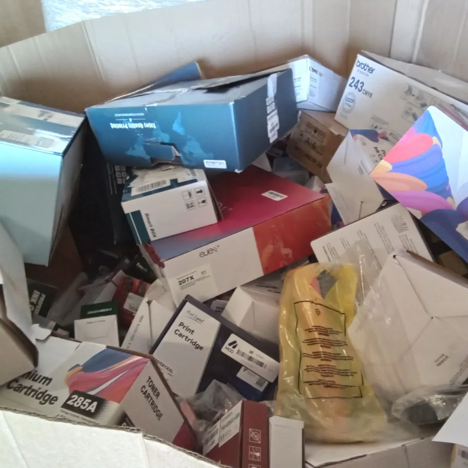 PALLET OF ASSORTED ITEMS INCLUDING TONER CARTRIDGE, KEENKLE PREMIUM INK CARTRIDGE, GREENSKY PRINT CARTRIDGE, SUPPLY GUY 5 INK CARTRIDGES, OFFICEWORLD