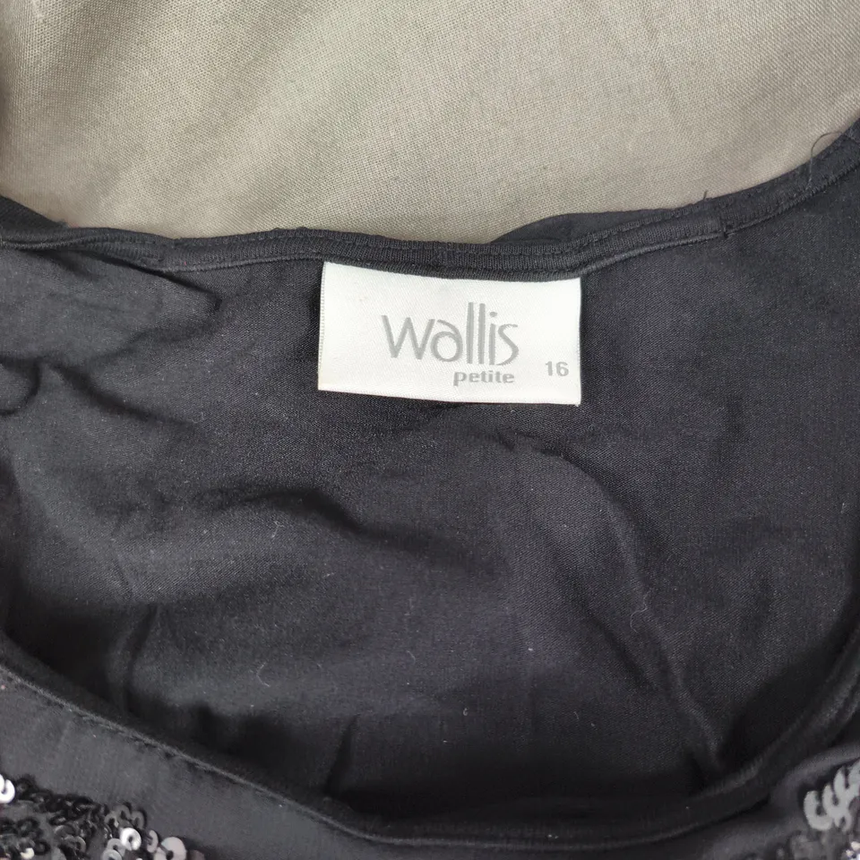 WALLIS PETITE BLACK SEQUIN-EMBELLISHED EVENING DRESS, UK SIZE 16