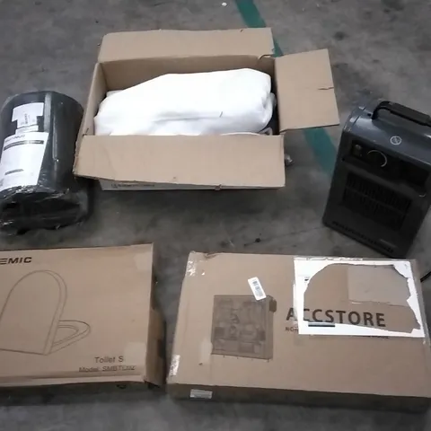 PALLET OF ASSORTED ITEMS INCLUDING FOOTREST, BLANKET, ELECTRIC HEATER, TOILET SEAT AND ACCSTORE PORTABLE WARDROBE