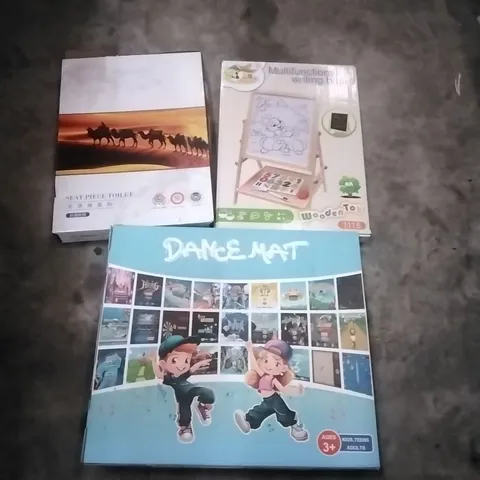 PALLET OF HOUSEHOLD ITEMS TO INCLUDE TOILET SEAT, MULTIFUNCTIONAL WRITING BOARD,DANCE MAT,TOWEL WARMER,TOY GUN,STEAM CARPET AND UPHOLSTERY CLEANER AND OTHER ASSORTED ITEMS...