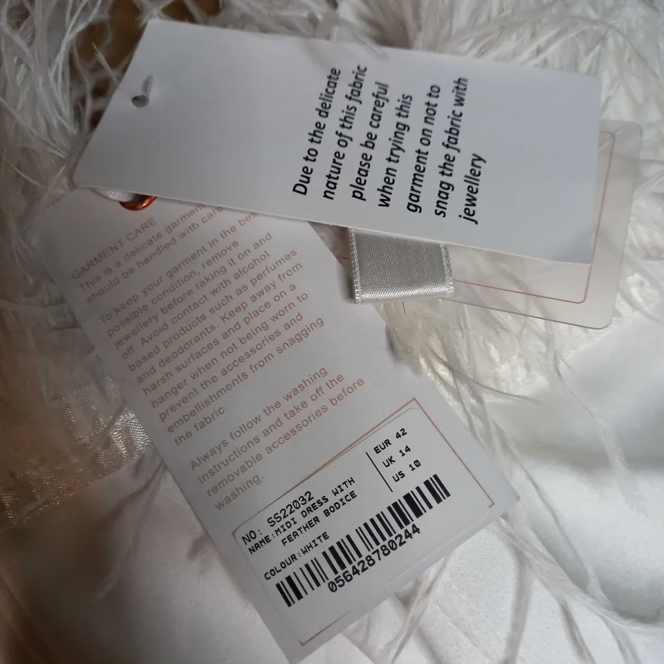 FOREVER UNIQUE WHITE FEATHER BODICE MIDI DRESS - SIZE 14