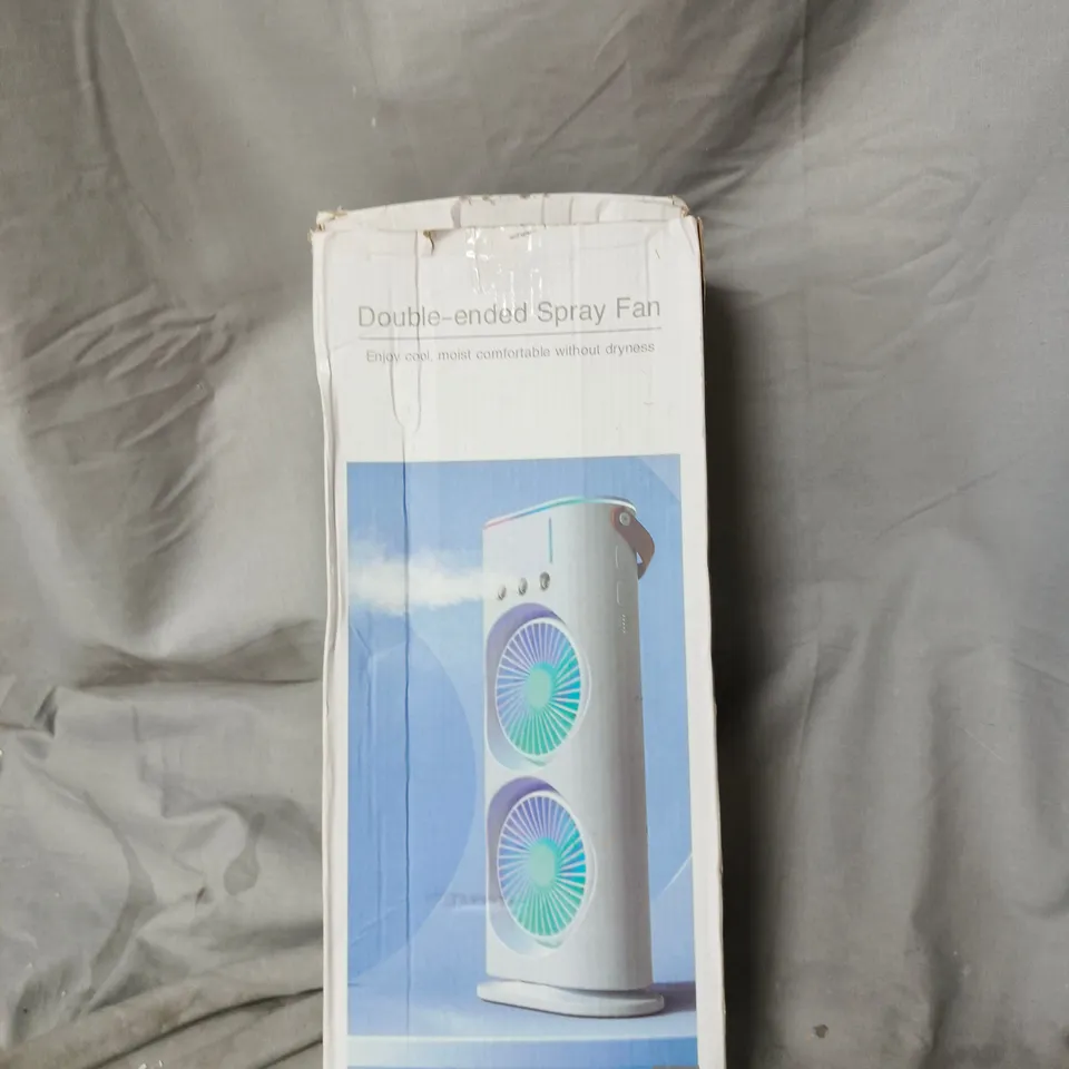 TWO FANS: BOXED DOUBLE-ENDED SPRAY FAN AND DUAL-FAN TOWER FAN WITH REMOTE
