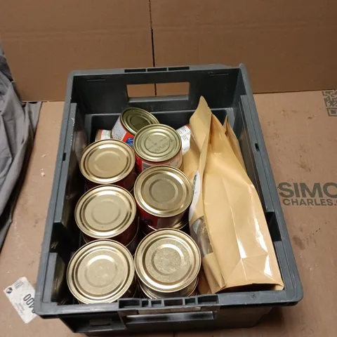 TOTE OF APPROXIMATELY 15 ASSORTED FOOD AND DRINK ITEMS TO INCLUDE: RED SALMON AND SEAWEED TEA BAGS 