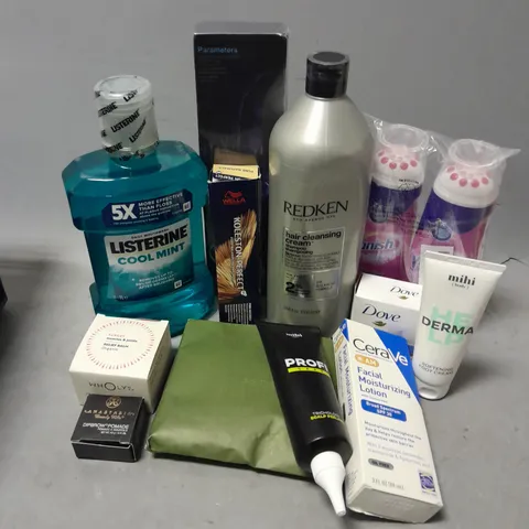 APPROXIMATELY 16 ASSORTED COSMETICS ITEMS TO INCLUDE FACIAL MOISTURIZING LOTION, LISTERINE COOL MINT, REDKEN JAIR CLEANSING CREAM, ETC