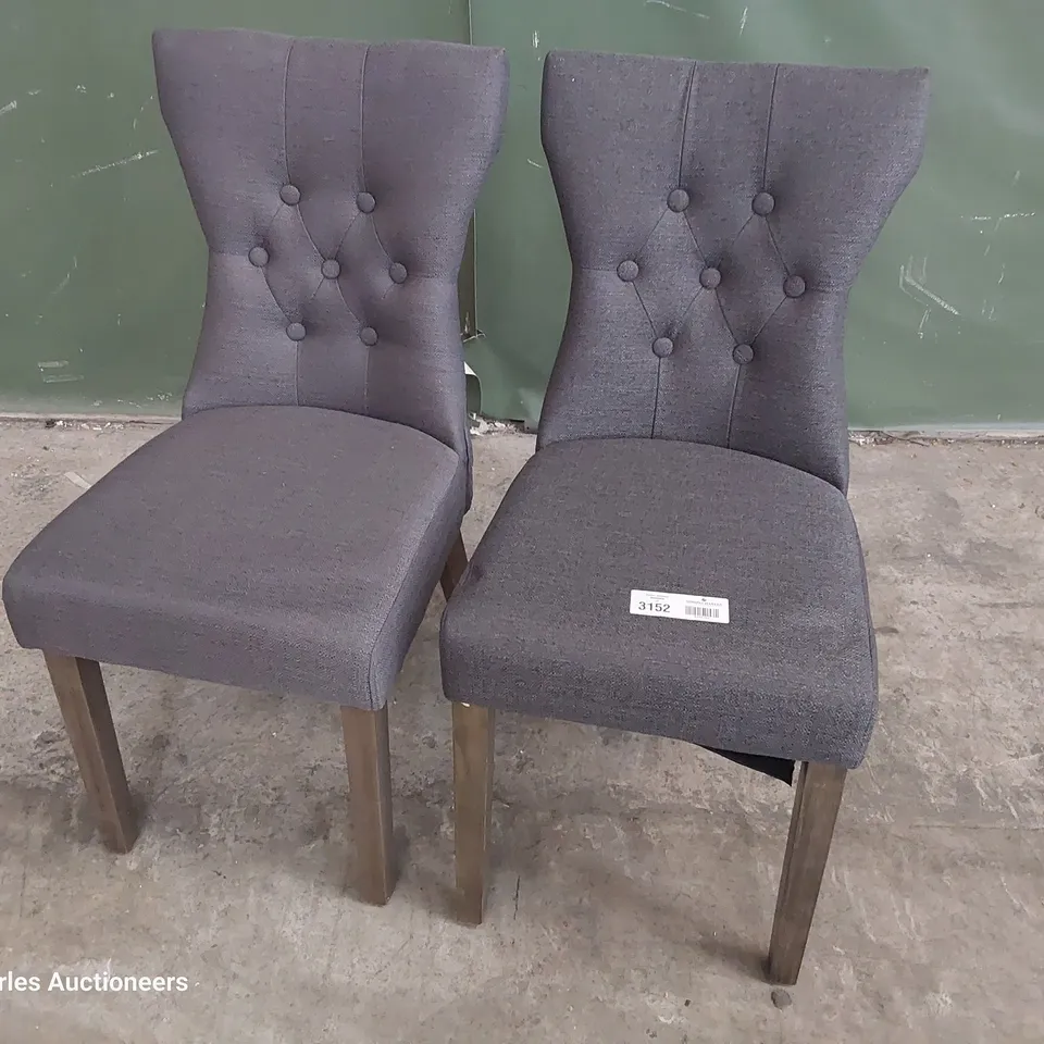 TWO UPHOLSTERED BUTTONED BACK DINING CHAIRS CHARCOAL FABRIC ON DARK LEGS 