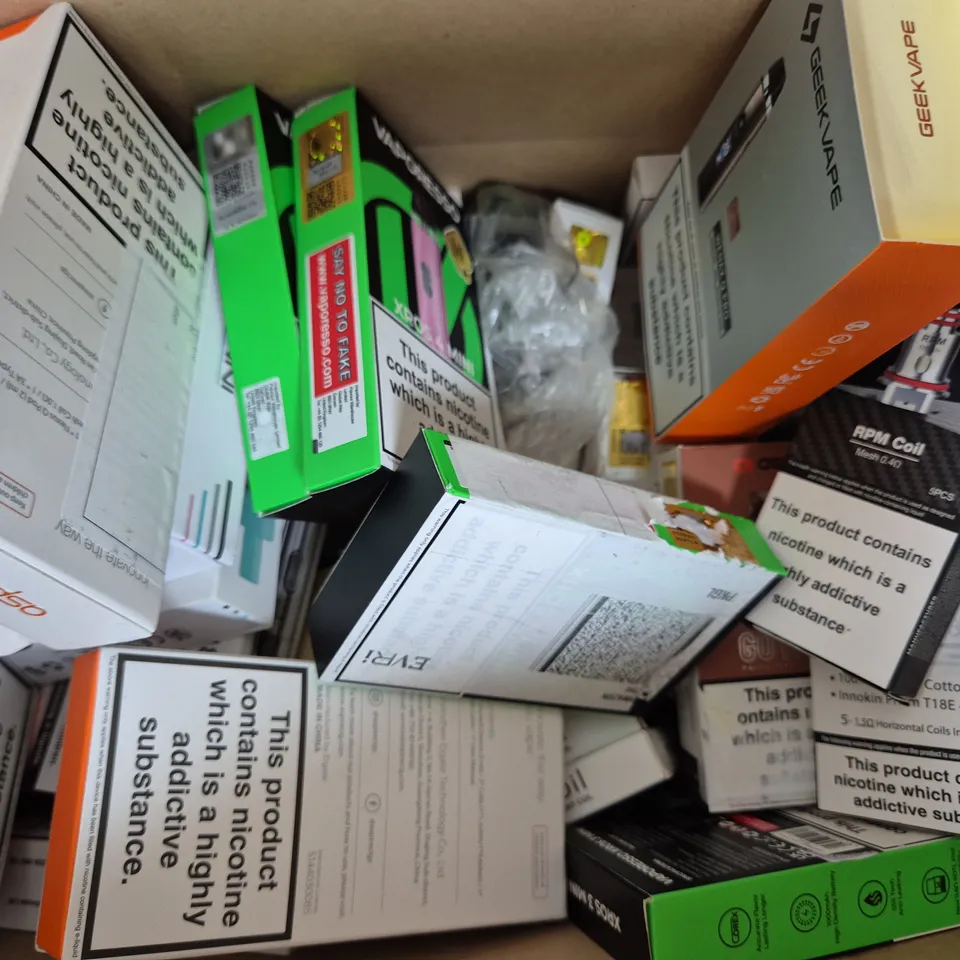 BOX OF APPROXIMATELY 20 ASSORTED VAPING ITEMS AND PRODUCTS TO INCLUDE VAPORESSO, VOOPOO, ETC