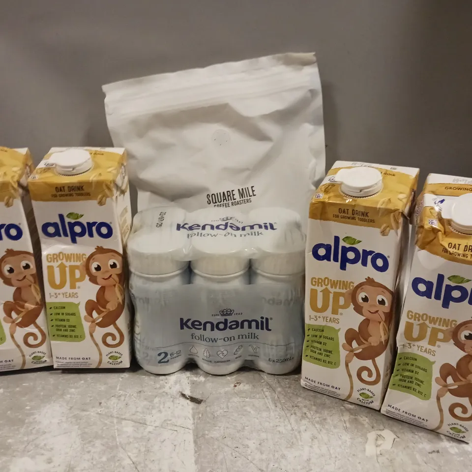 APPROXIMATELY 6 ASSORTED FOOD & DRINK ITEMS TO INCLUDE ALPRO 1-3 YEARS, KENDAMIL FOLLOW ON MILK, SQUARE MILE COFFEE ROASTERS, ETC