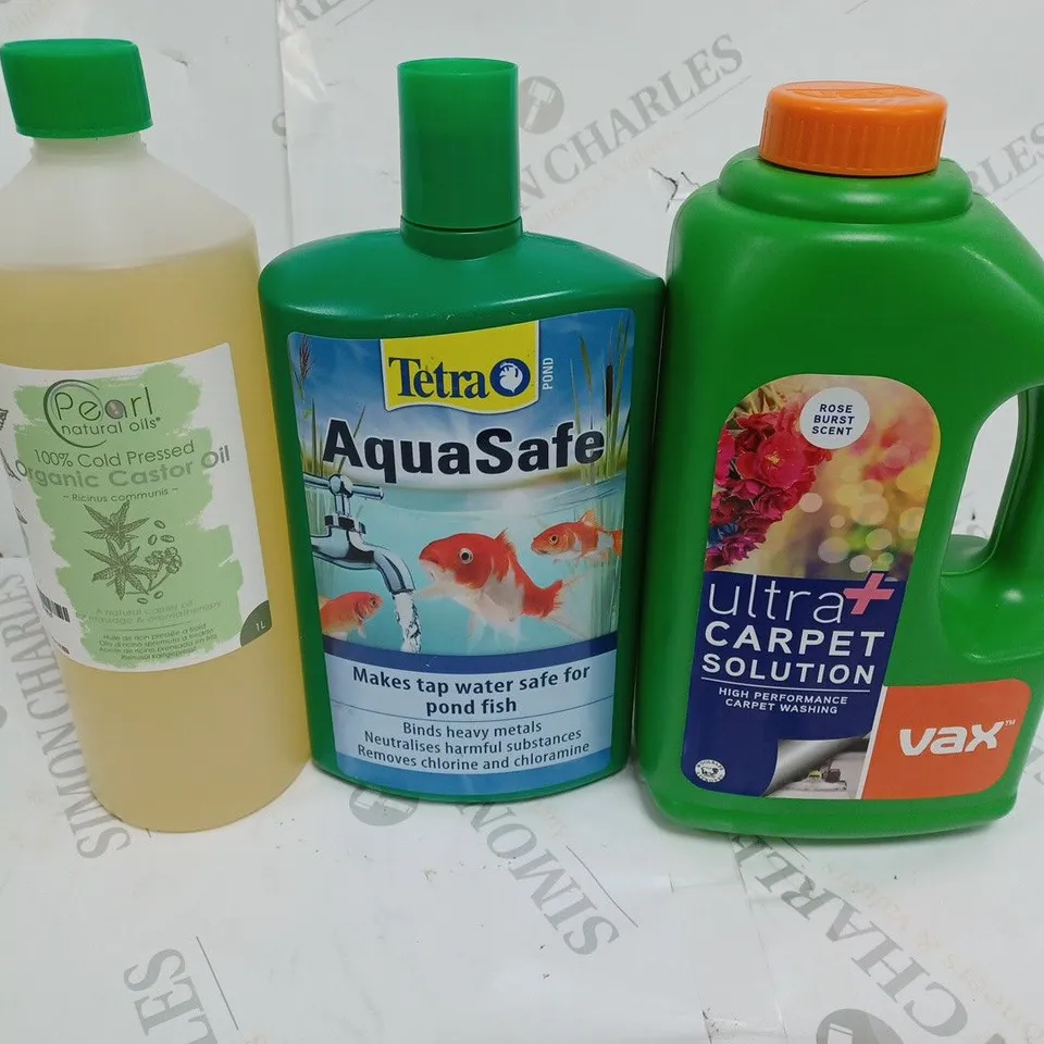 BOX OF APPROXIMATELY 15 ASSORTED HOUSEHOLD CLEANING PRODUCTS TO INCLUDE PEARL CASTOR OIL, TETRA AQUASAFE, VAX CARPET SOLUTION, ETC