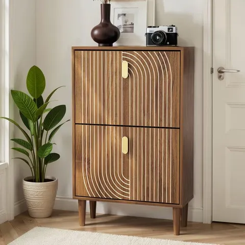 BOXED SEMIOCTHOME 23.6" SHOE CABINET WITH 2 FLIP DRAWERS AND LINE GROOVE DESIGN, ENTRYWAY, WALNUT (1 BOX)